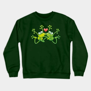 Funny green frogs falling in love while performing an acrobatic kiss Crewneck Sweatshirt